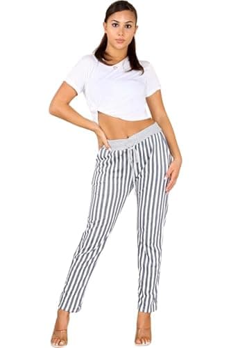 Image of WearAll Women’s Grey Stripe Print Jogger Sweatpants Ribbed Waistband Trousers Ladies Causal Summer Joggers Drawstring Italian Gym Running Pants Baby 12