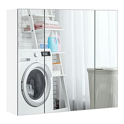 Image of Yaheetech Bathroom Cabinet with 3 Mirror Doors Wall Mounted Storage Wall Cabinet Cupboard Unit with Adjustable Shelf for Living Room, Laundry Room, Mudroom, White