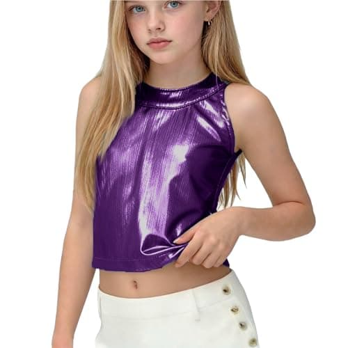 Image of Purple Girls' Performance Vest Metallic Sleeveless Dance Blouses Crew Neck Crop Tank Top - Ruffle Shiny Dance Costume for Club Recital Party Stage Show Festival Outfits 9 Years