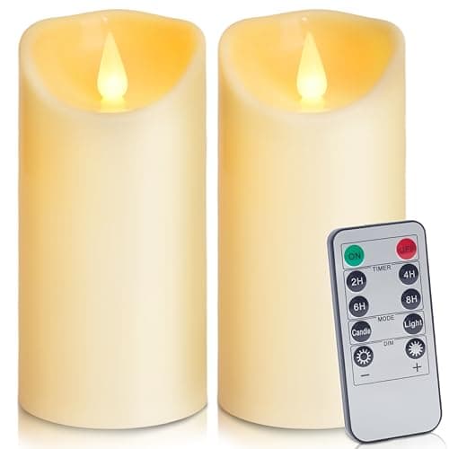 Image of Auralome LED Battery Operated Candles - 6”x3” Remote Control Timer Pillar Candle Flameless Realistic Flickering Large Plastic LED Candle Outdoor Electric Fake Artificial Church Candle Ivory Set of 2