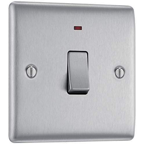 Image of BG Electrical Single Wall Switch with LED Power Indicator, Double Pole, Raised and Slim Profile, Round Edges, Nexus Metal, Brushed Steel, 20A, NBS31