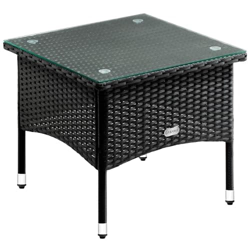 Image of CASARIA® Square Poly Rattan Garden Coffee Side Table | Weatherproof With Glass Top | 50x50x45cm | Height Adjustable Feet | Indoor Outdoor Patio Terrace Balcony Conservatory Bistro | Black