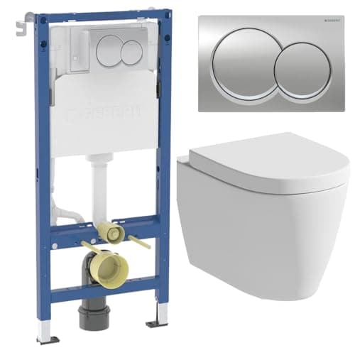 Image of Affine® Bordeaux Rimless Wall Hung Toilet Pan WC Dual Flush Soft Close Seat with Geberit Duofix 1120mm Concealed WC Cistern Frame and Chrome Alpha01 Round Flush Plate