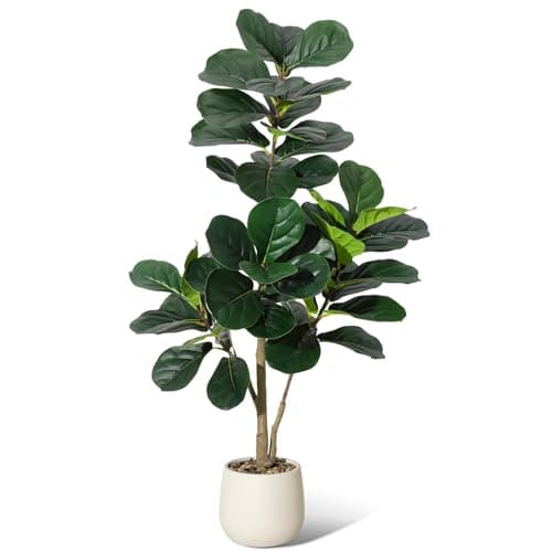 Image of Garvee 120cm Lifelike Artificial Fiddle Leaf Fig Tree, Realistic Faux Ficus Lyrata Floor Plant, Decorative Potted Indoor Tree for Home, Office, Living Room, White Pot