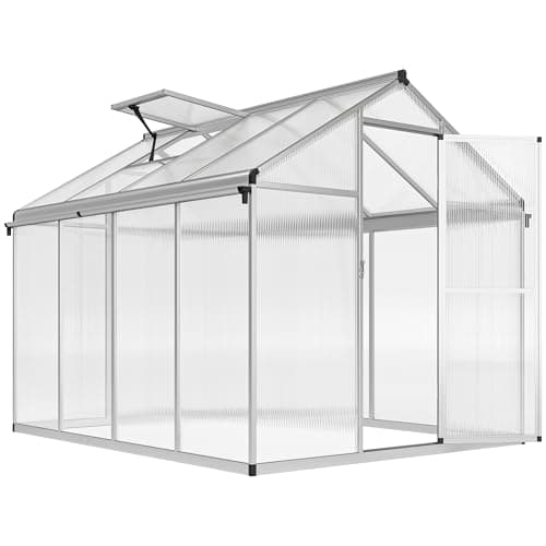 Image of Outsunny 6 x 8ft Polycarbonate Greenhouse with Rain Gutters, Large Walk-In Green House with Door and Window, Garden Plants Grow House with Aluminium Frame and Foundation