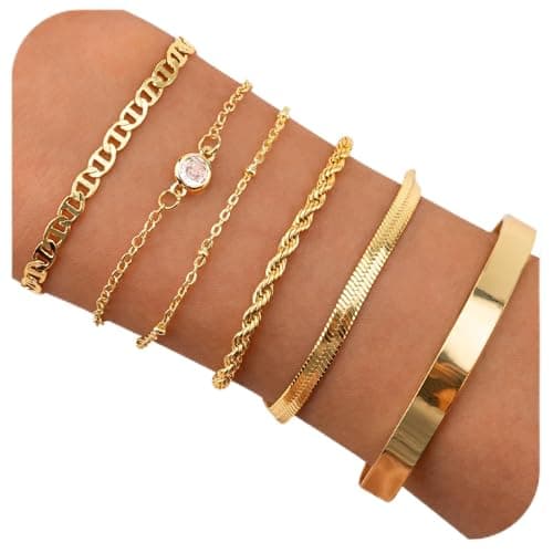 Image of 6Pcs Gold Bracelet for Women, 14K Gold Plated Stacking Bracelets Rope Cuban Figaro Herringbone Bead Chain Bracelets Adjustable CZ Link Gold Bracelet Set for Women Girls