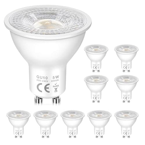 Image of GU10 LED 5W Spotlight Bulbs, Natural White 4000K, Energy Saving LED Bulb, Equivalent 50W Halogen, 500LM, 120° Wide Beam, No Flickering, Non-dimmable, GU10 Spotlight Bulbs for Ceiling, 10 Pack