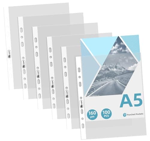 Image of Agoer A5 Punched Pockets 100PCS, 160 Micron [Heavy Duty] A5 Plastic Wallets, 7 Hole Clear Plastic Sleeves Top Opening,Frosted Poly Pockets Document for 2/3 Ring Binders,School, Office, Home
