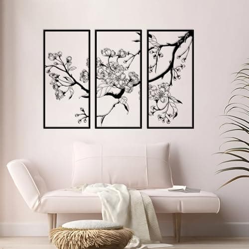 Image of ruelen 3 Pcs Large Metal Flowers Wall Decor, Modern Minimalist Floral Line Sculpture Wall Art Hanging Wall Decor for Home Bedroom Living Room Bathroom Office Above Bed Decor (Black)
