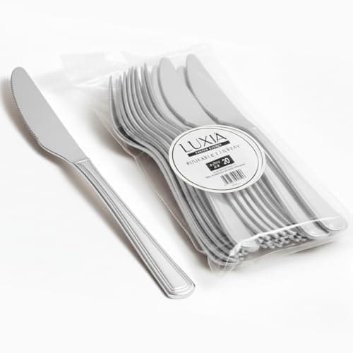 Image of Playlearn Luxia Reusable Silver Reusable Washable Plastic Knives, 20pcs Bulk Pack Durable Elegant Cutlery, 19.6cm Durable Dinnerware for Weddings, Catered Events