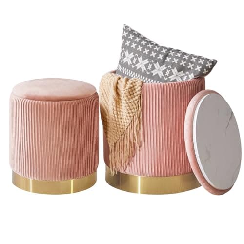 Image of IBUYKE Set of 2 Round Ottoman with Storage, Boucle Stool Velvet Ottoman Storage Box, Pouffe Side Table Coffee Table, Multipurpose Footrest Stool for Living Room & Bedroom, Pink WBD016P
