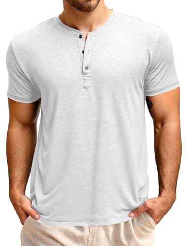 Image of Runcati Men's Short-Sleeved Henley Shirt Summer Regular Fit Tops Men Crew Neck Plain Basic Shirt Casual Tee Tops with Button Placket, White, L