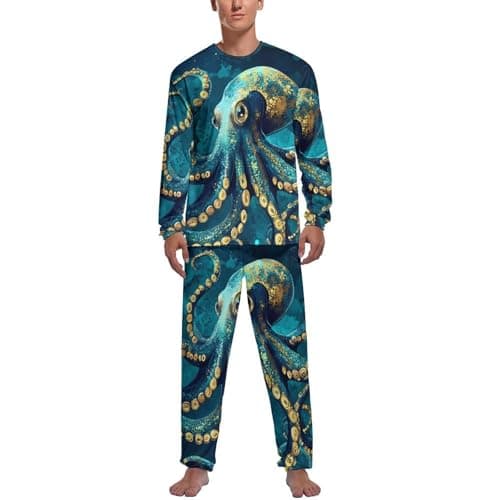 Image of Octopus Monster Cthulhu Men's Pajamas Sets Satin Silky Long Sleeve Top And Pant Loungewear with Pockets XL
