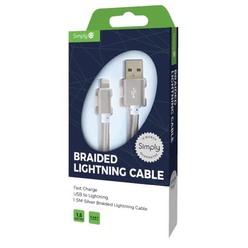Image of Simply ICIP06 USB to Lightning 1.5 m Long Braided Charging Cable for iPhone 11/SE/12/13+Pro, iPad/Air/Pro/Mini and Other Apple Devices, Silver