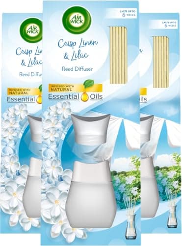 Image of Air Wick Reed Diffuser, Crisp Linen & Lilac, 42ml, Natural Essential Oils, Long-Lasting Home Scent for up to 6 weeks, Eco-Friendly Freshener, Sustainable Recyclable Packaging - 3 Units