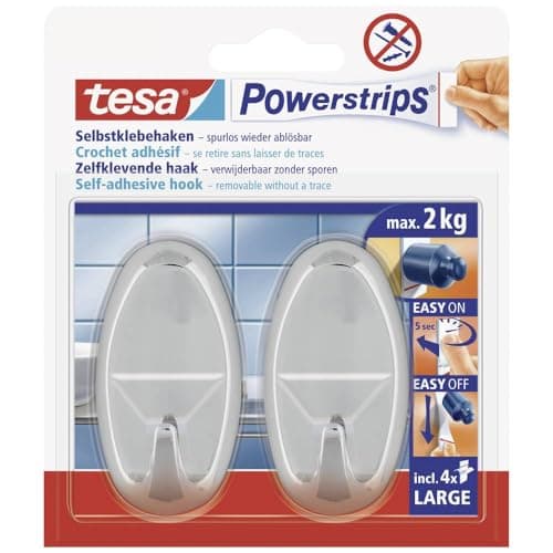 Image of tesa Powerstrips Hooks Large OVAL - Removable Self-Adhesive Wall Hook for Glass, Tiles, Wood, Plastic and Other Surfaces - Chrome - Holds Up to 2 kg