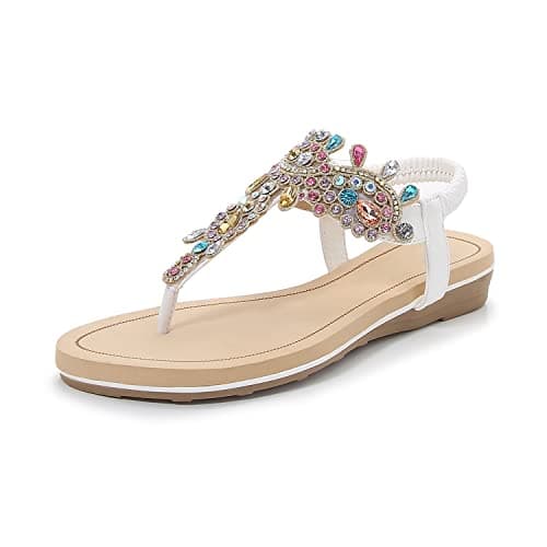 Image of iCKER Women's Flat Sandals Ladies Thong Flat Sandals Bohemian Beaded Strap Sandals Diamante Rhinestone Leather Sandals,(label size 42),8UK