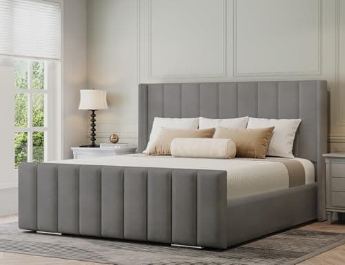 Image of Furnishion Vienna Wingback Super King Bed Frame, 6ft Super King Size Bed, Luxury Plush Velvet Upholstered Panelled Design, Strong Wooden Beds Frame 6ft Size with High Headboard in Grey Plush