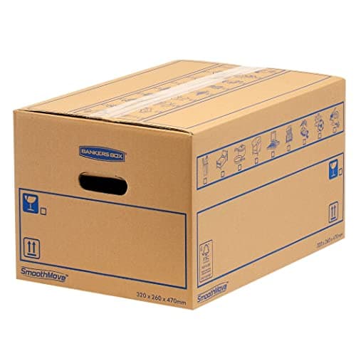 Image of 8 BANKERS BOX Large Strong Moving Boxes, 39L C-Flute SmoothMove Cardboard Storage Packing Boxes, Heavy Duty Cardboard Boxes for Moving House with Handles, 47cm x 32cm x 26cm (Pack of 8), Brown