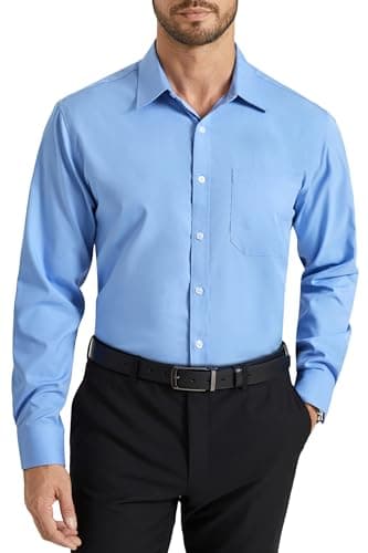 Image of HISDERN Men's Long Sleeve Oxford Blue Shirt Business Bamboo Fiber Regular Fit Non Iron Dress Shirt with Pocket,L