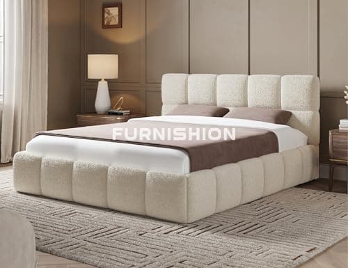 Image of Furnishion Luxury Cloud Teddy Boucle Double Bed Frame 4ft6, Modern Teddy Boucle Upholstered Design, Luxury 4ft6 Beds Base with High Headboard, Stylish Bed Frame Double for Bedrooms in Ivory Boucle