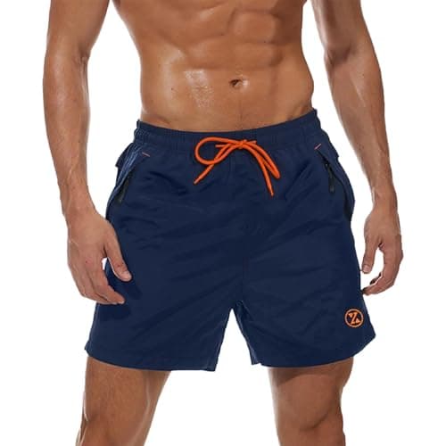 Image of ZOXOZ Mens Swim Shorts with Zip Pockets Swimming Shorts Board Shorts Waterproof Quick Dry Beach Swim Trunks Summer Casual Surf Shorts Mesh Lining Dark Blue XL