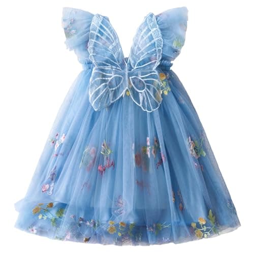Image of NNJXD Baby Girl Flower Embroidery Tulle Dress Butterfly Toddler Birthday Party Dresses 2109 Blue Size (80) 6-12 Months