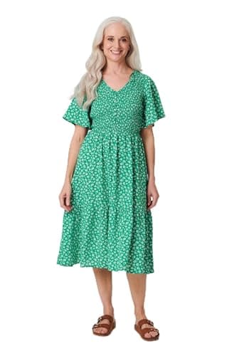 Image of Izabel London Ditsy Floral Midi Smock Dress for Women UK with v-Neck, Buttons, 1/2 Sleeves and Tiered midi Hem. Green