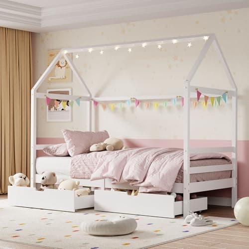Image of Aptliton Wooden Toddler House Bed Frame for Kids, Single Bed with 2 Storage Drawers and Roof, Solid Pine Wood Playhouse Bed for Boys Girls Childrens Bedroom Furniture, White, 90x190cm