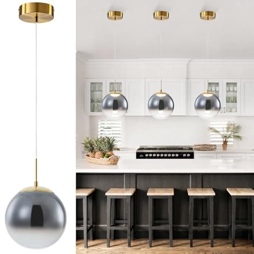 Image of FORCOSO LED Pendant Light - Adjustable Hanging Lights with Globe Smoky Grey Gradient Glass Lampshade (ø20cm) Contemporary Pendant Light Fitting for Kitchen Island Dining Room Bedroom