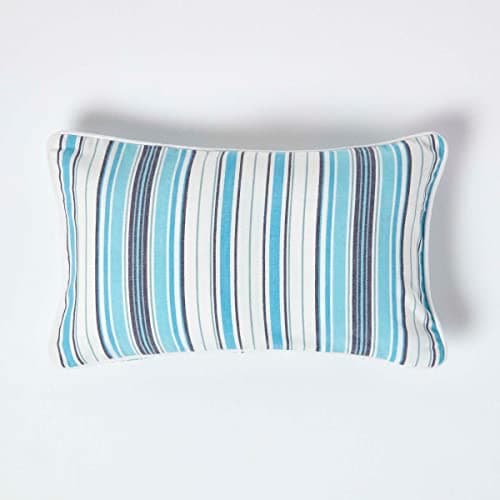 Image of HOMESCAPES - 100% Cotton - New England Striped Cushion Cover - 30 x 50 cm Rectangular - 12 x 20 Inches - Blue Navy White - 100% Cotton Sofa Pillow Cushion Cover - Washable