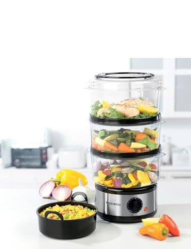 Image of Progress EK2726ZP Go Healthy Electric 3 Tier Steamer and Rice Bowl, 60 Minute Timer, 7.5 Litre Capacity, Power and Ready Indicator Lights, Dishwasher Safe Tiers, Compact Easy to Store Design, 500 W