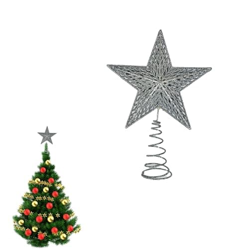 Image of Lizzy | Christmas Tree Topper | Silver, Metal, One Size, 17.5cm | Glitter Finish, 3D Star Design, Easy to Install | Christmas Tree Decoration for Festive Home Décor