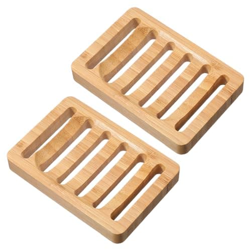 Image of Shimmeroo 2 Pack Wooden Soap Dish, Self Draining Natural Bamboo Bar Soap Holder for Bathroom, Shower Bath Tub, Kitchen Sponges, Easy Dry Extend Soaps Life