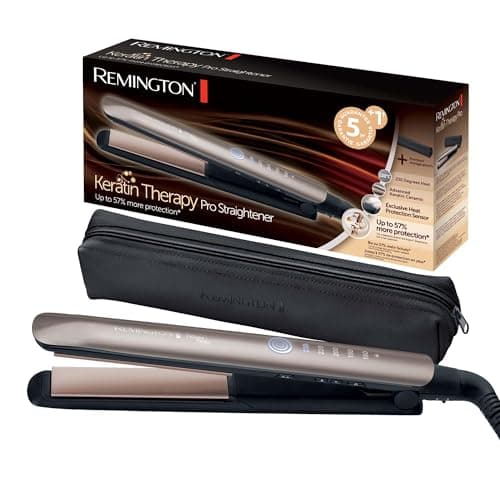 Image of Remington Hair Straightener [Innovation: Heat Protection Sensor] Keratin Therapy (Keratin & Almond Oil Care, Ceramic, LCD Screen, 160-230°C, Pouch) Straightening Iron S8593