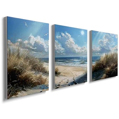 Image of prinfantasy Wall Art for Living Room - Set of 3 Wooden Framed Canvas Blue Ocean Prints Abstract Painting Poster Pictures for Bedroom Hallway Stairs Decoration Ready To Hang 0512