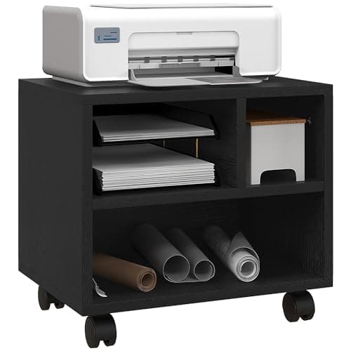 Image of HOMCOM 2-Tier Desk Stand with Storage, Under Desk Cart on Wheels with 3 Compartments, Home Office Printer Table, Black