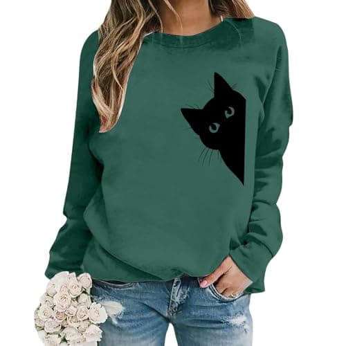 Image of Generisch 2025 Casual Long Sleeve Crew Neck Sweatshirt for Women with Cute Cat Print, Soft Comfortable Pullover Top for Everyday Women, Green, L