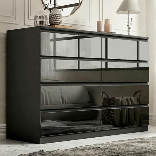 Image of Blisswood High Gloss Black Chest of Drawers Bedroom, 8 Drawer Tall Chest of Drawers, Wide Bedroom Storage Dresser Cabinet for Living Room, Office or Hallway, 97 x 40 x 115 cm