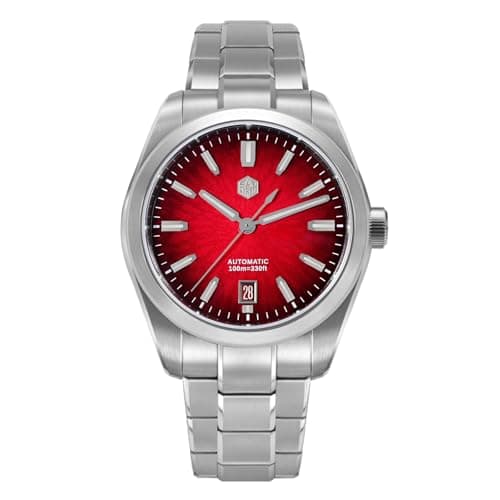 Image of San Martin Men's Watch SN0144 Automatic Movement 9015 Sapphire Crystal 10 Bar Diving Watch for Men Blue Dial, red, 39mm, Bracelet