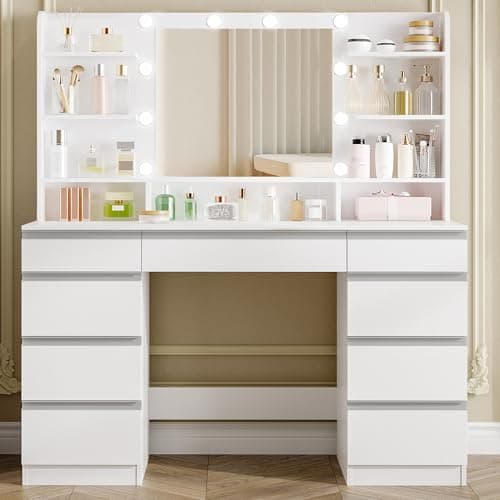 Image of Hzuaneri Dressing Table with Bulb Light, Vanity Desk with 1 Large Drawer and 8 Small Drawer Cabinets, Adjustable Brightness, Large HD Mirror, 9 Open Storage Areas, 108 cm Desktop, White DT35703W