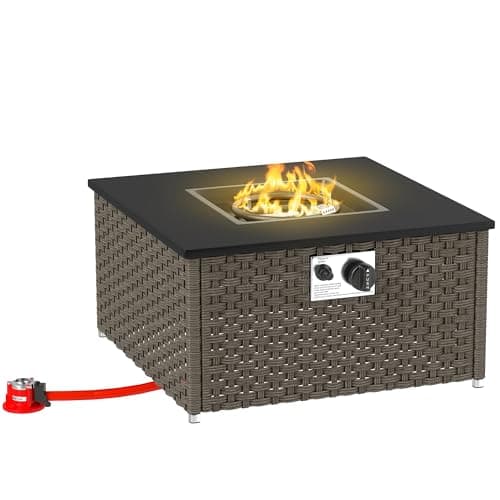 Image of Outsunny Rattan Fire Pit Table for Garden, 13 KW Smokeless Propane Fire Pit with Lid, Square Garden Coffee Table with Patio Heater for Outdoor, Patio, 58 x 58 x 33 cm, Grey