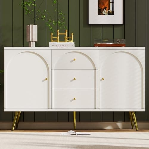 Image of BTM Sideboard Cabinet for Living Room, Chest of Drawers with 2 doors and 3 drawers, Adjustable shelf, Cream White, 40D x 140W x 84H CM