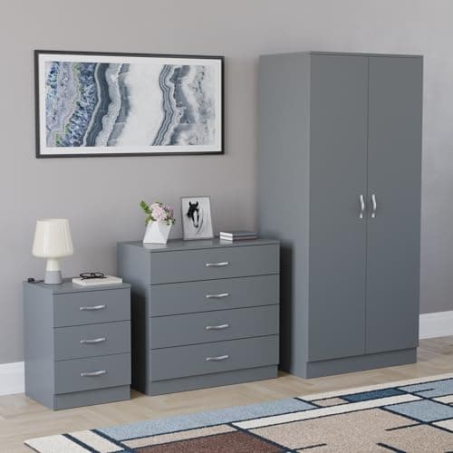 Image of Vida Designs Riano 3 Piece Bedroom Furniture Set - 3 Drawer Bedside Chest, 4 Drawer Chest, 2 Door Wardrobe - Grey