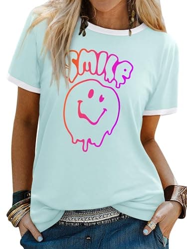 Image of WIEIYM T Shirt Women's Short Sleeve Tops Casual Summer Tee Crew Neck Smile Tshirt Printed with Funny Face Graphic