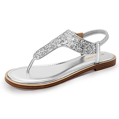 Image of PIZZ ANNU Womens Glitter Flat Sandals Sparkly Toe Post Flip Flops T-Bar Thong Summer Beach Sling Back Ladies Shoes Silver Size 8