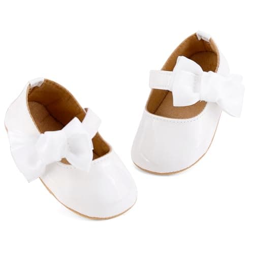 Image of LACOFIA Baby Girls First Walking Shoes Infant Mary Jane Anti-Slip Bowknot Shoes Prewalkers White 6-12 Months