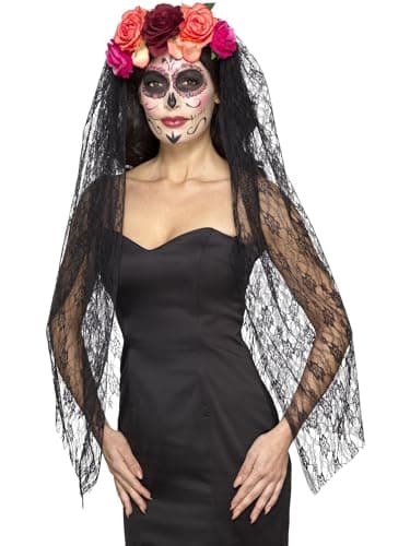 Image of Deluxe Day of the Dead Headband Red & Black With Roses & Veil