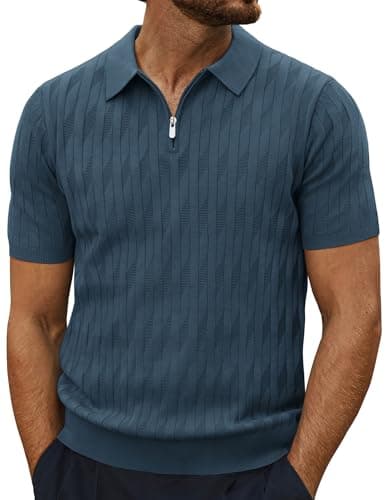 Image of PJ PAUL JONES Mens Polo Shirts Stretch 1/4 Zip Knitted Polo Tshirt Golf Tops M Blue-Grey