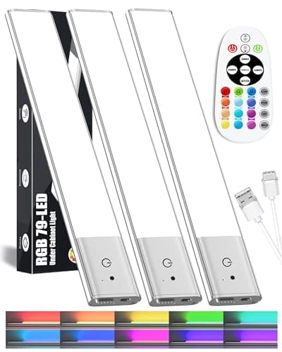Image of Kasanfe 79-LED Under Cabinet Lights Wireless, RGB Under Cabinet Lighting, Rechargeable Closet Lights Remote, Under Counter Lights Strip for Kitchen Shelf Pantry Desk, 15 Colors(3 Packs)